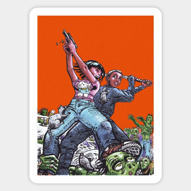 girl and a ninja in a fight with zombies Sticker by MrKovach